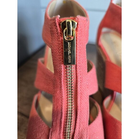 Michael Kors Damita Wedge 6.5 Pink/Grapefruit Canvas Platform Sandals Open Toe - Picture 3 of 8